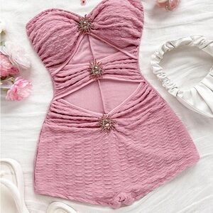 SHEIN Pink Textured Strapless Romper